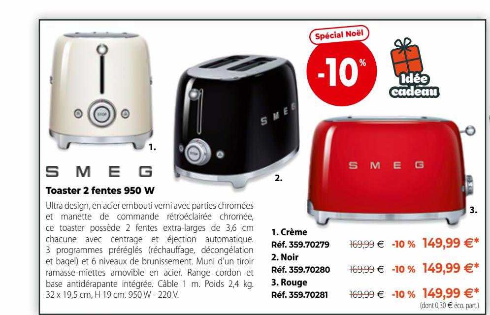 toaster 2 fentes 950 w smeg
