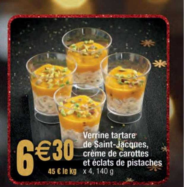 verrine tartare de saint-jacques, crème de carottes et éclats de pistaches