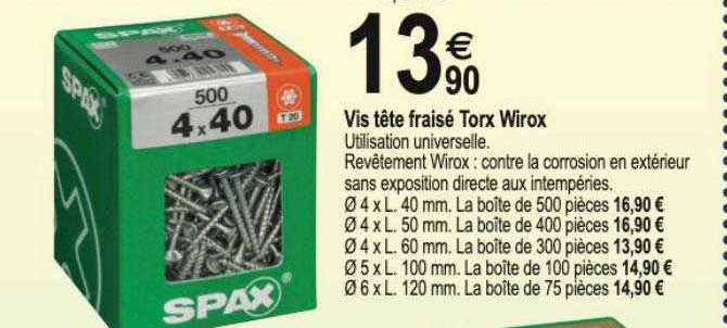 vis tête fraisé torx wirox ø4xl.40mm ø4xl.50mm ø4xl.60mm ø5xl.100mm ø6xl.120mm
