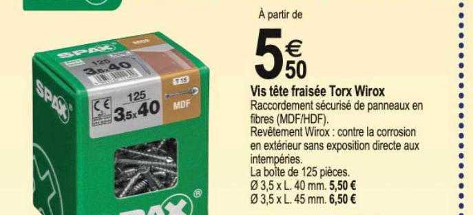 vis tête fraisée torx wirox ø3.5 x l. 40 mm ø3.5 x l. 45mm