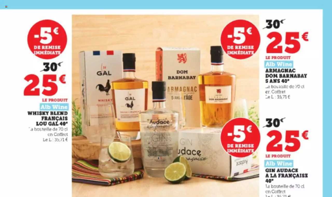 whisky blend français lou gal 40° alb wine, armagnac dom barnabay 5 ans 40° alb wine, gin audace à la française 40° alb wine