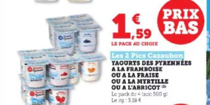 yaourts des pyrénnées à la framboise ou à la fraise ou à la myrtille ou à l'abricot les 2 pics cazaubon