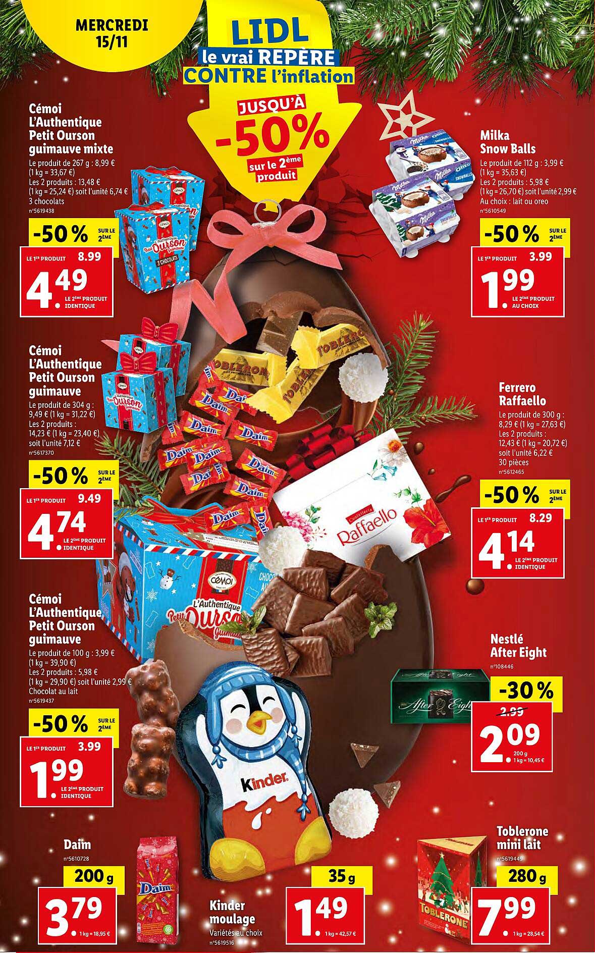 cémoi l'authentique petit ourson guimauve mixte, milka snow balls, cémoi l'authentique petit ourson guimauve, ferrero raffaello, nestlé after eight, daim, kinder moulage, toblerone mini lait