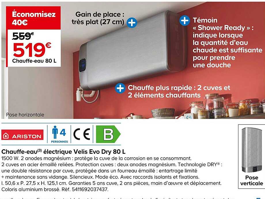 chauffe-eau électrique velis evo dry 80 l ariston