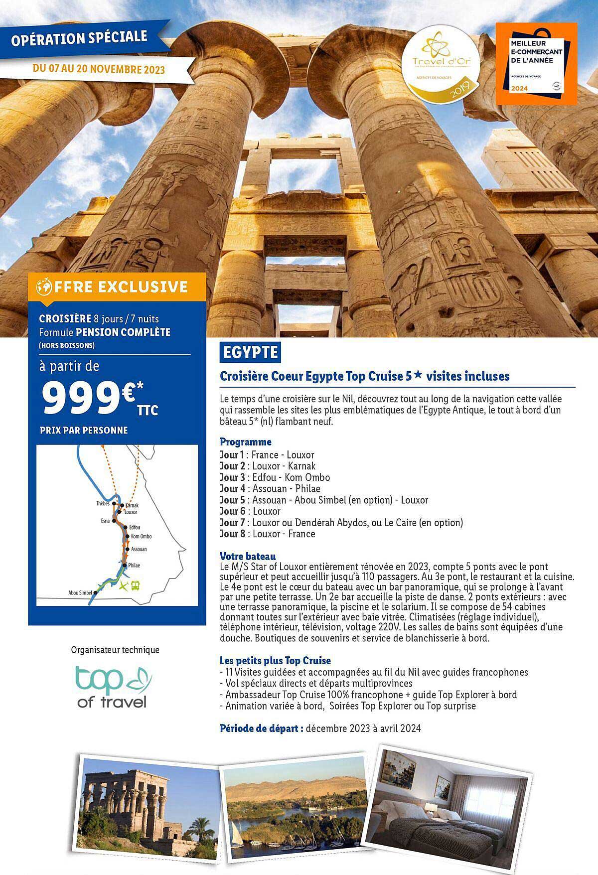 egypte : croisière coeur egypte top cruise 5* visites incluses