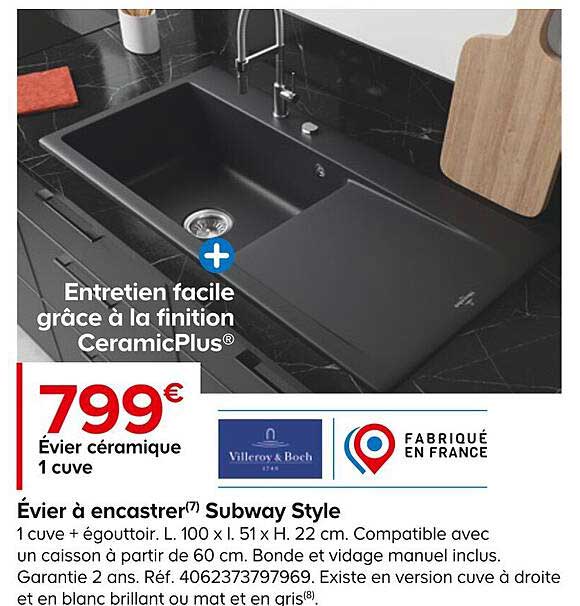 évier céramique 1 cuve à encastrer subway style