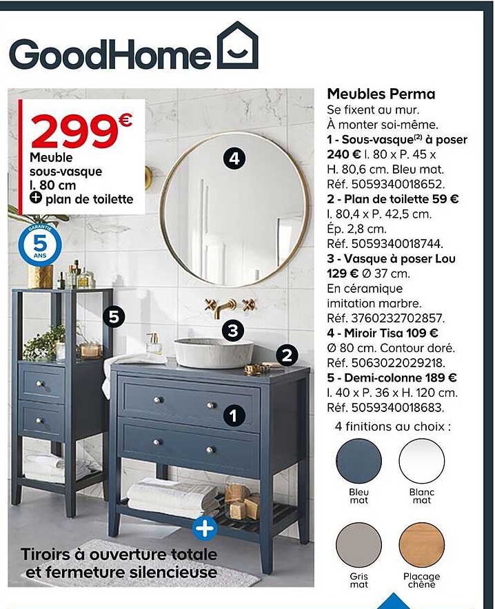 meubles sous-vasque l. 80 cm + plan de toilette perma goodHome