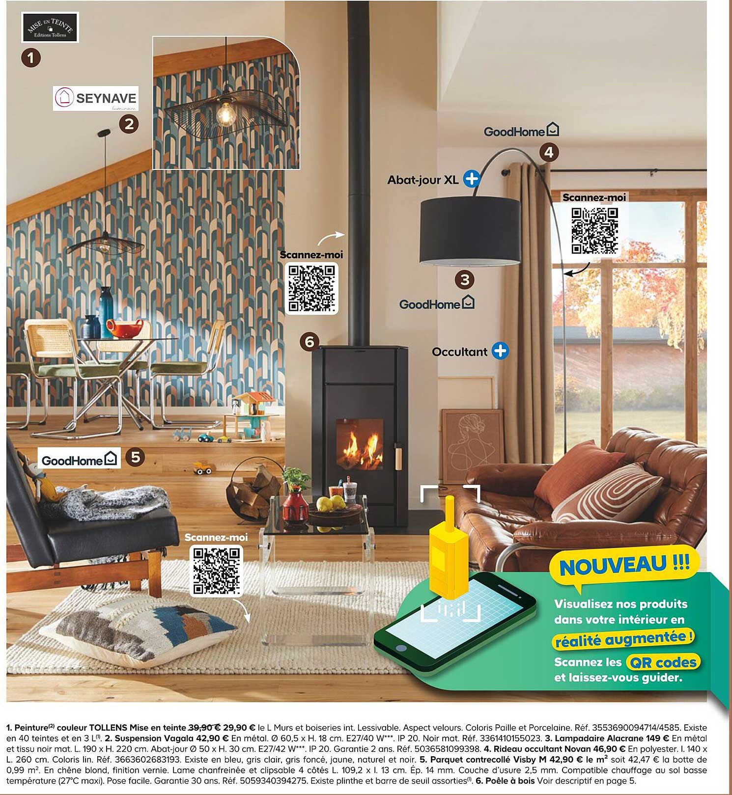 peinture couleur tollens mise en teinte, suspension vagala, lampadaire alacrane, rideau occultant novan, parquet contrecollé visby m, poêle à bois
