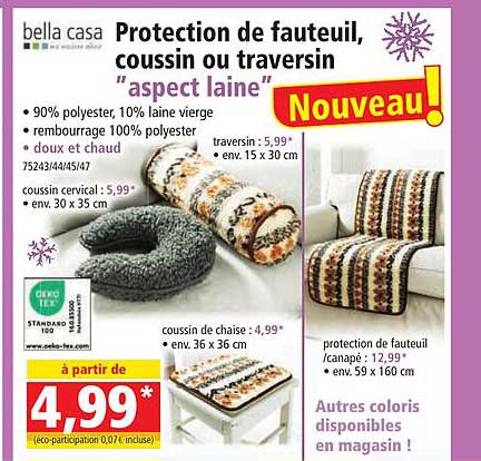 protection de fauteuil, coussin ou traversin "aspect laine" bella casa
