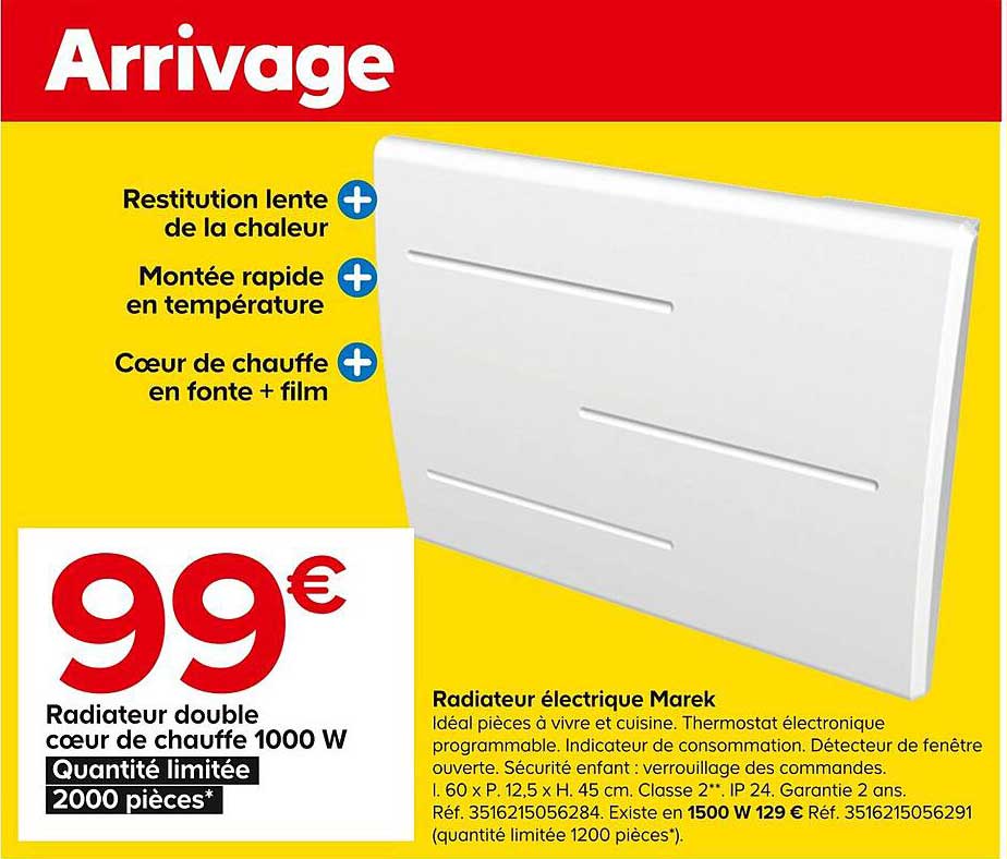 radiateur double cœur de chauffe 1000 w électrique marek