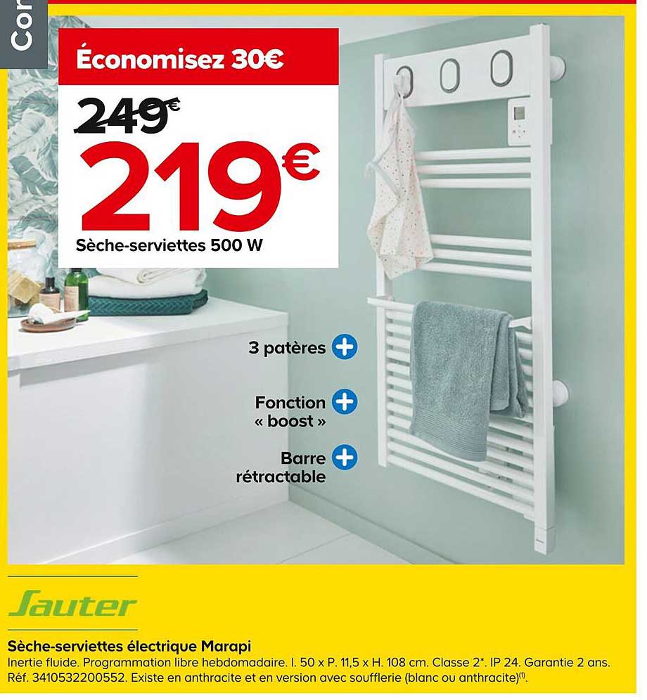 sèche-serviettes 500 w électrique marapi sauter