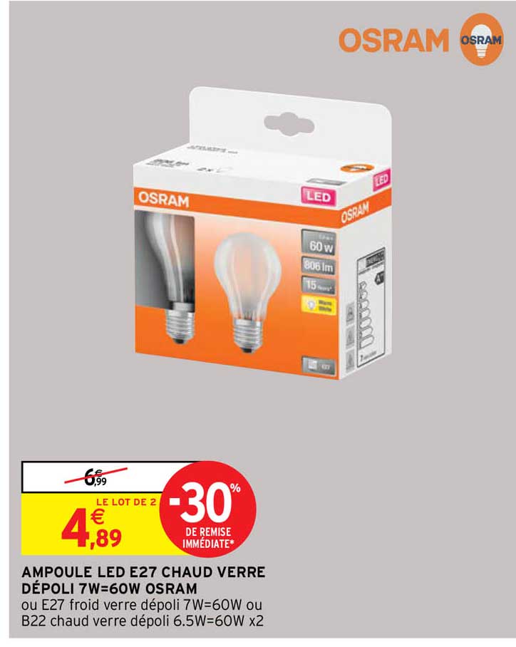 ampoule led e27 chaud verre dépoli 7w=60w osram