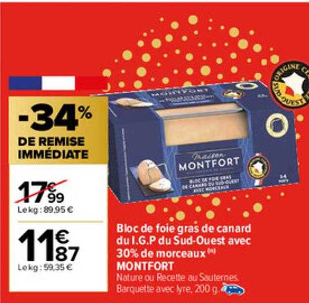 bloc de foie gras de canard du i.g.p. du sud-ouest avec 30% de morceaux montfort