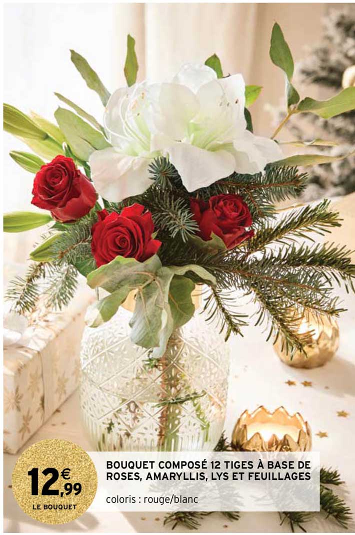 bouquet composé 12 tiges à base de roses, amaryllis, lys feuillages