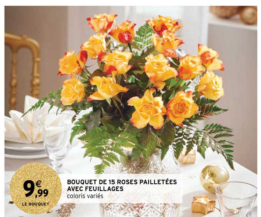 bouquet de 15 roses pailletées avec feuillages