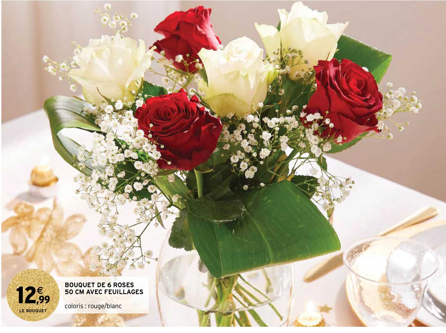 bouquet de 6 roses 50 cm avec feuillages