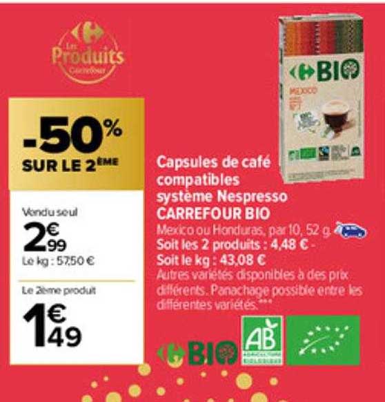 capsules de café compatibles système nespresso carrefour bio