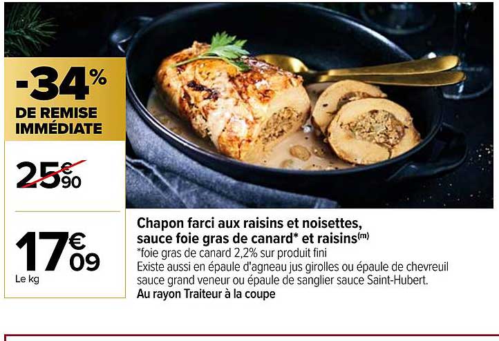 chapon farci aux raisins et noisettes, sauce foie gras de canard et raisins