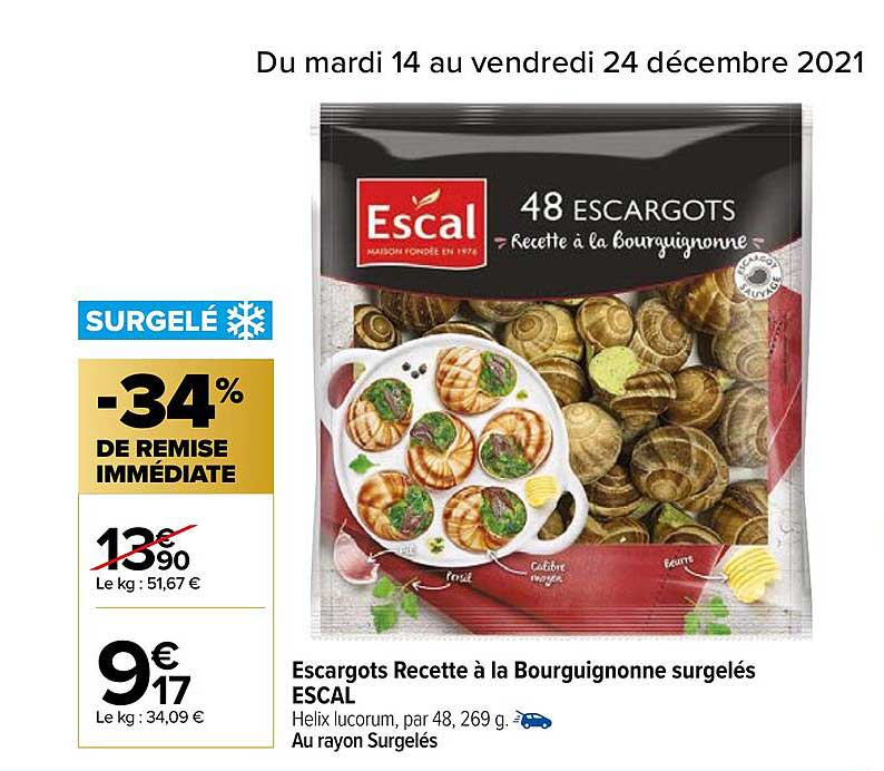 escargots recette à la bourguignonne surgelés escal