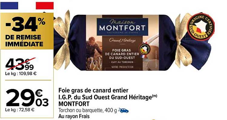 foie gras de canard entier i.g.p. du sud ouest grand héritage montfort