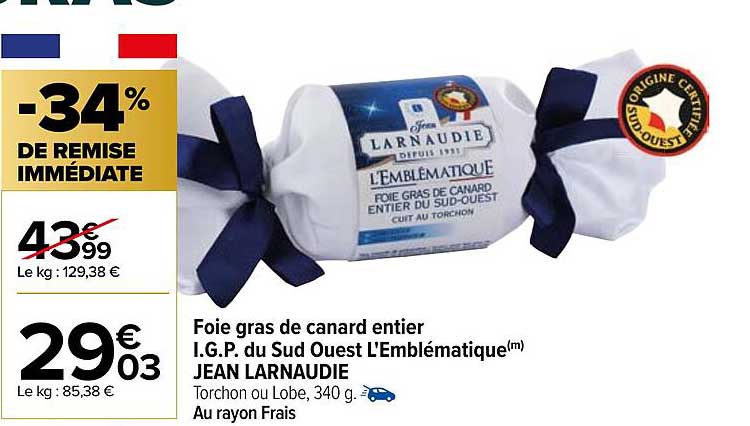 foie gras de canard entier i.g.p. du sud ouest l'emblématique jean larnaudie