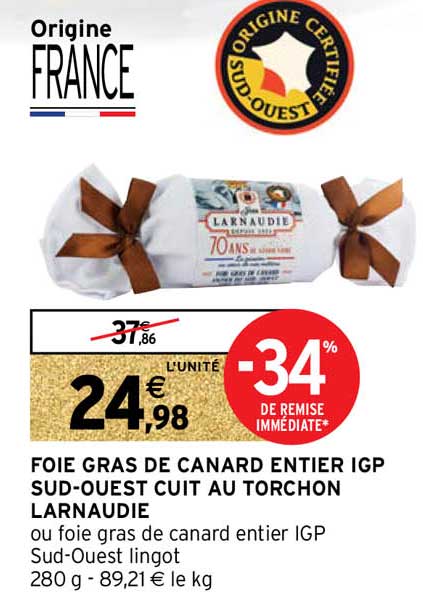 foie gras de canard entier igp sud-ouest cuit au torchon larnaudie