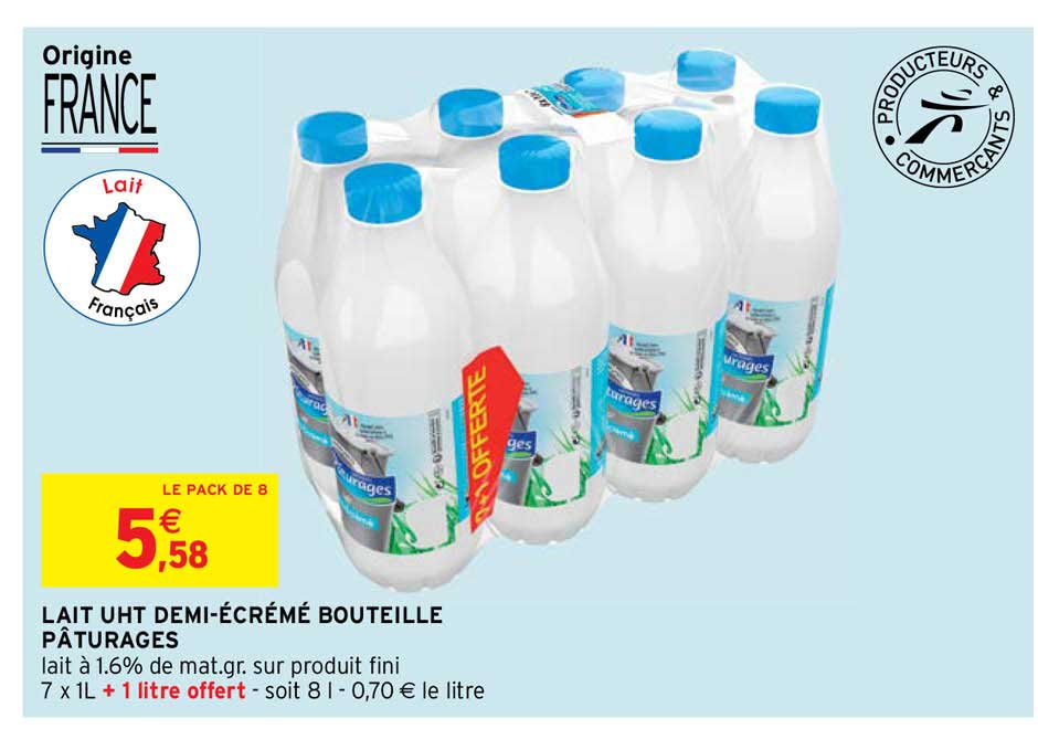 lait uht demi-écrémé bouteille pâturages