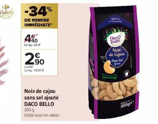noix de cajou sans sel ajouté daco bello