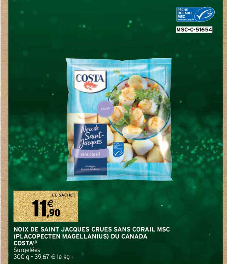 noix de saint jacques crues sans corail msc (placopecten magellanius) du canada costa