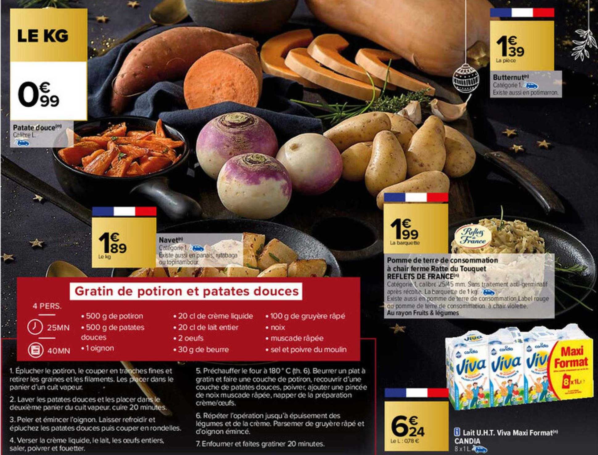 patate douce, pomme de terre de consommation à chair ferme ratte du touquet reflets de france, gratin de potiron et patates douces