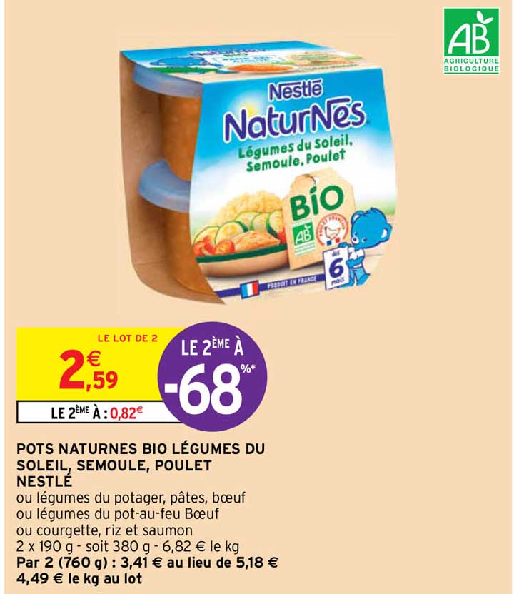 pots naturnes bio légumes du soleil, semoule, poulet nestlé