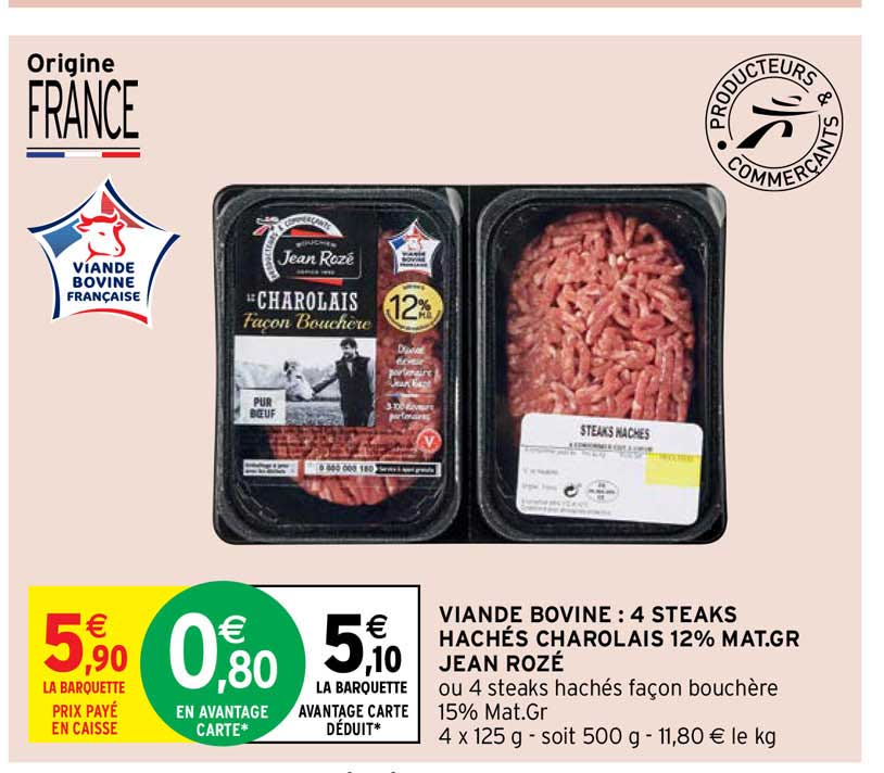 viande bovine : 4 steaks hachés charolais 12% mat. gr. jean rozé
