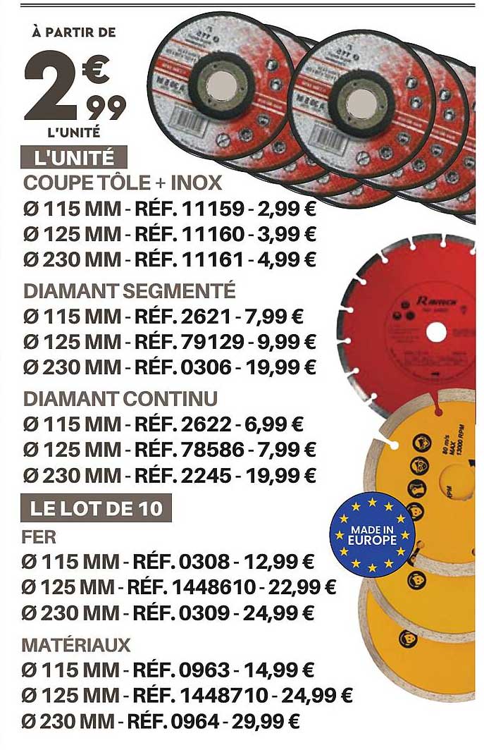 coupe tôle + inox, diamant segmenté, diamant continu, le lot de 10 fer, matériaux