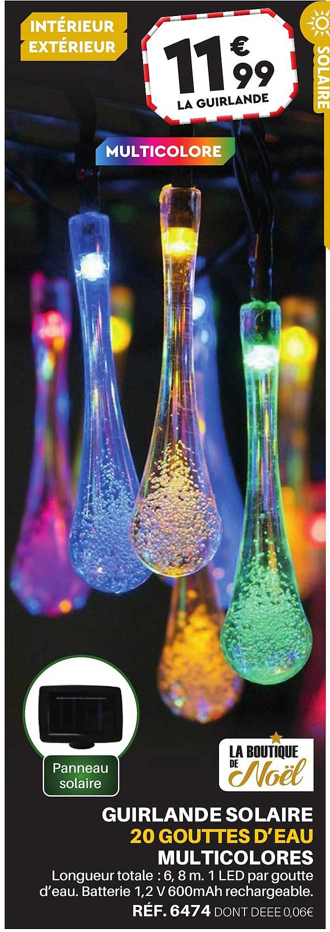 guirlande solaire 20 gouttes d'eau multicolores