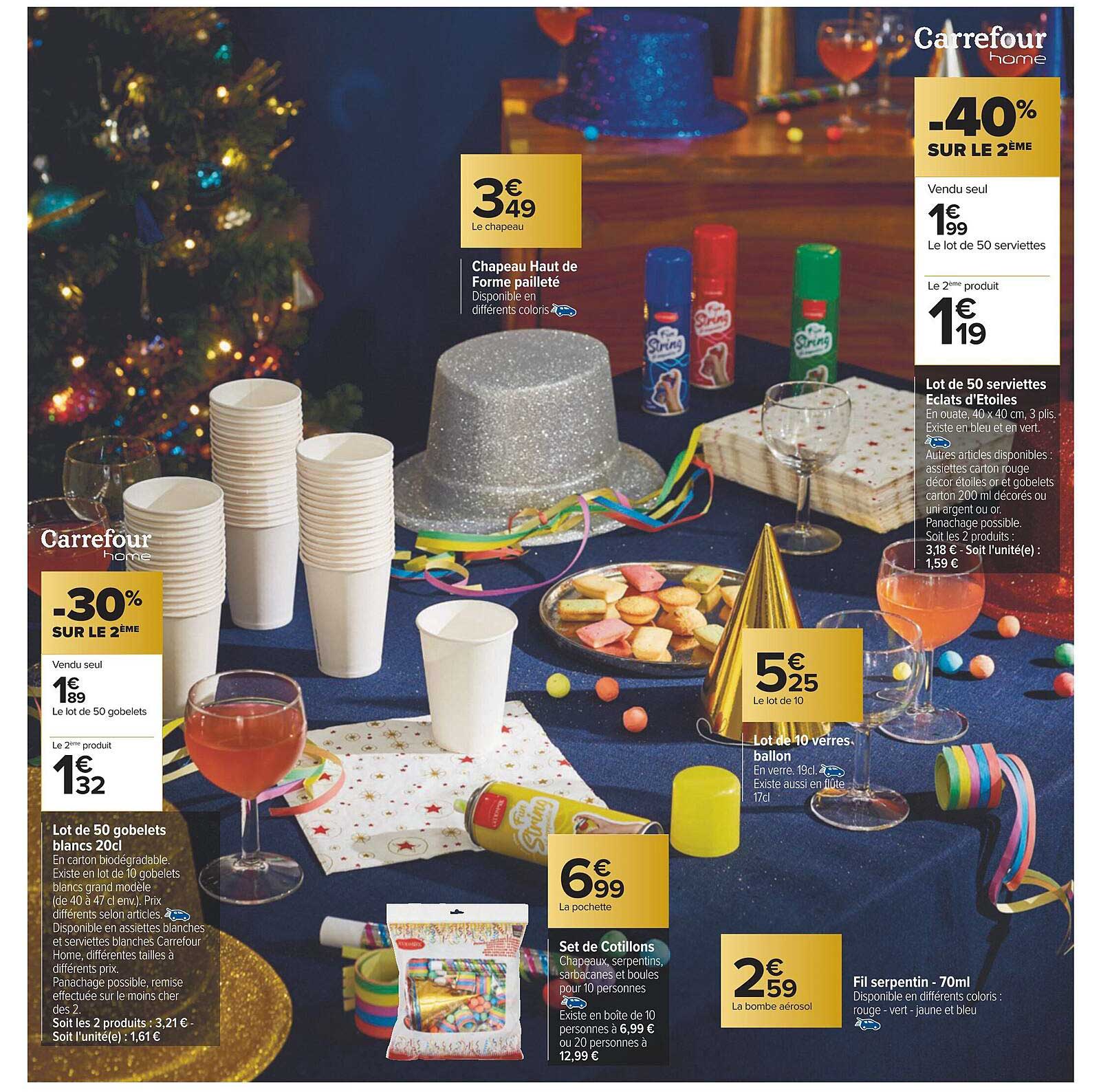 lot de 50 gobelets blancs 20cl carrefour home, set de cotillons, fil serpentin - 70ml, lot de 10 verres ballon, chapeau haut de forme pailleté, lot de 50 serviettes éclats d'étoiles carrefour home