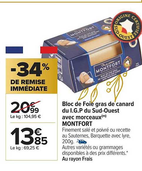 bloc de foie gras de canard du i.g.p. du sud-ouest avec morceaux montfort