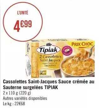 cassolettes saint-jacques sauce crémée au sauterne surgelées tipiak