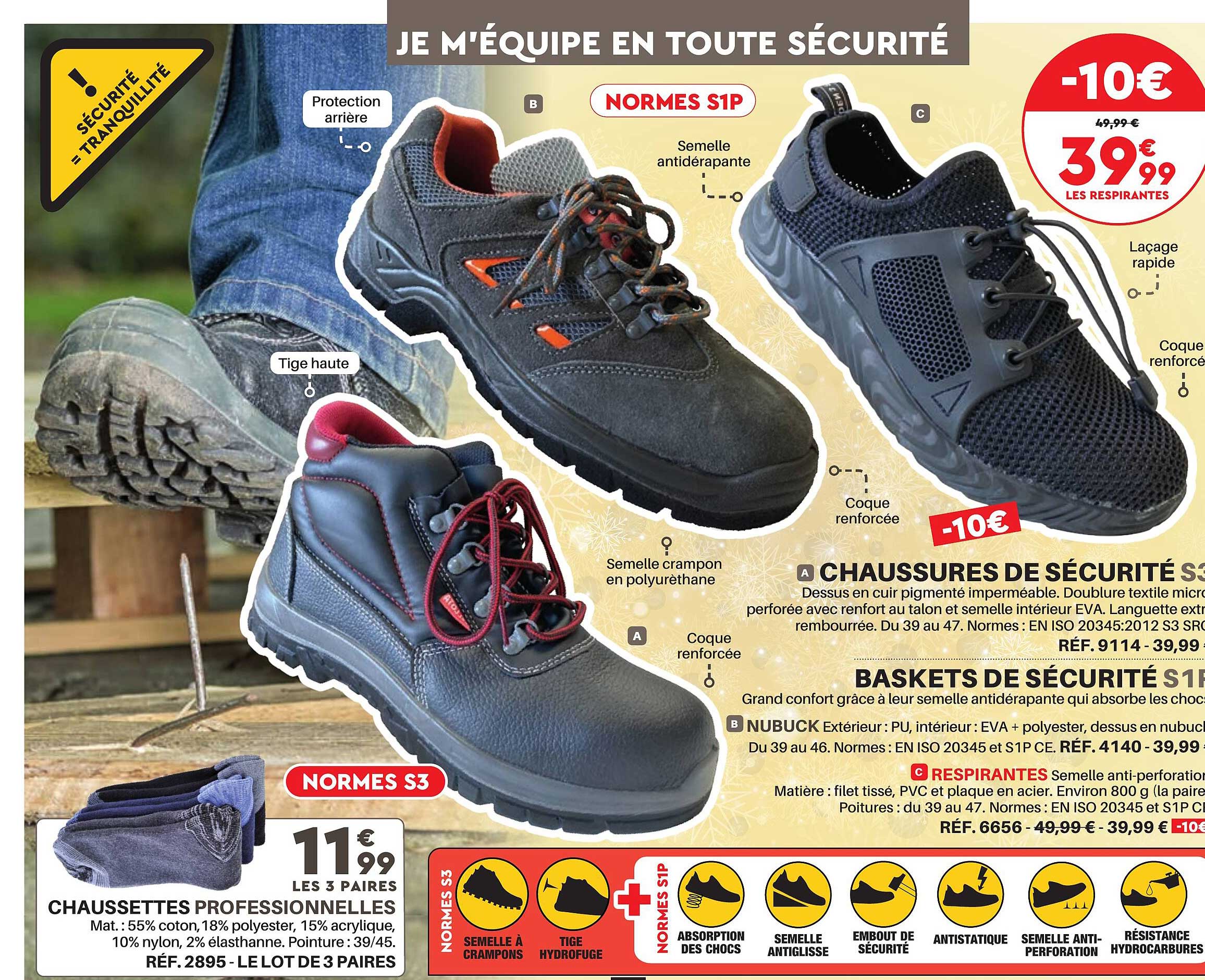 chaussures de sécurité, baskets de sécurité, chaussettes professionnelles