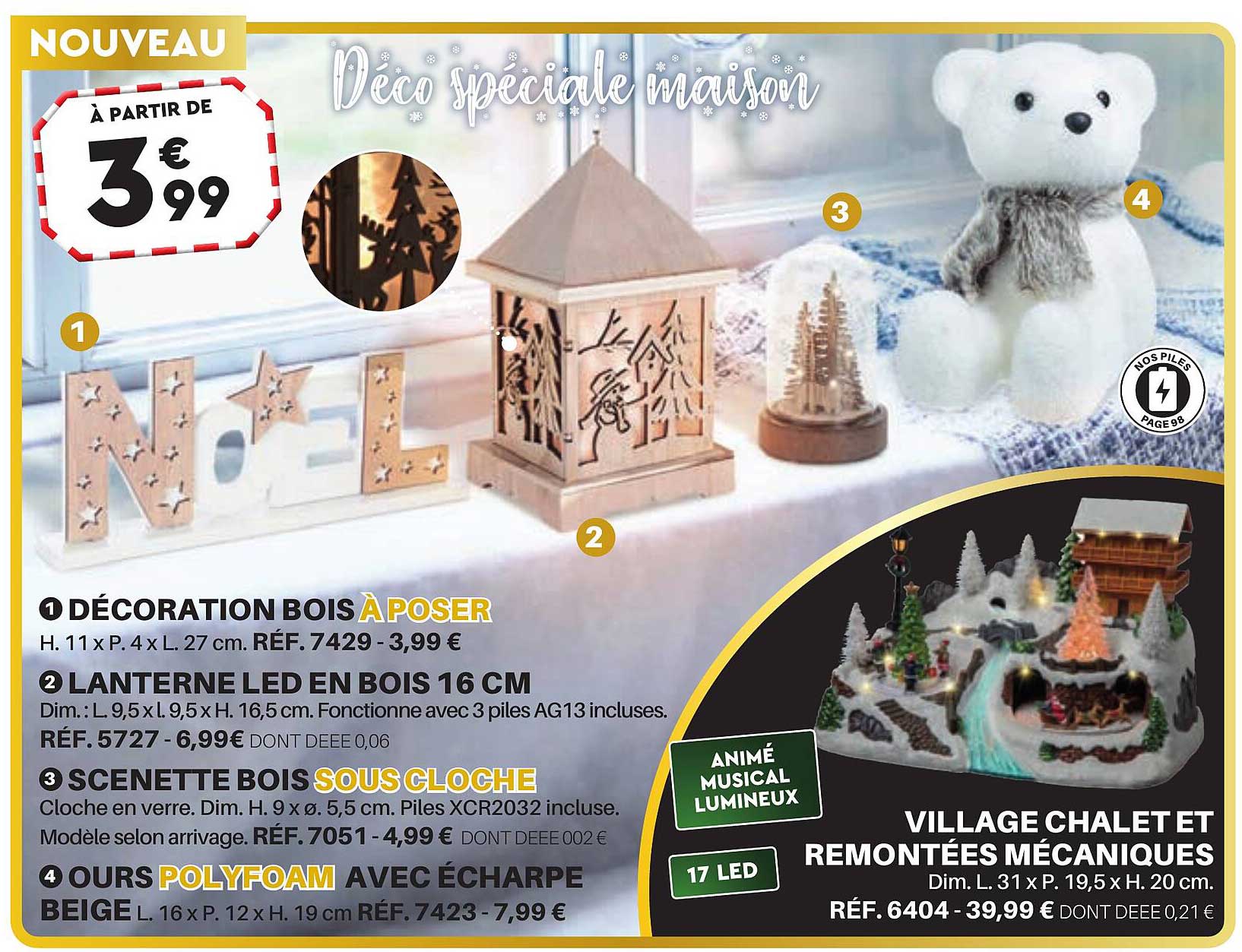 décoration bois à poser, lanterne led en boix 16 cm, scenette bois sous cloche, ours polyfoam avec écharpe beige, village chalet et remontées mécaniques