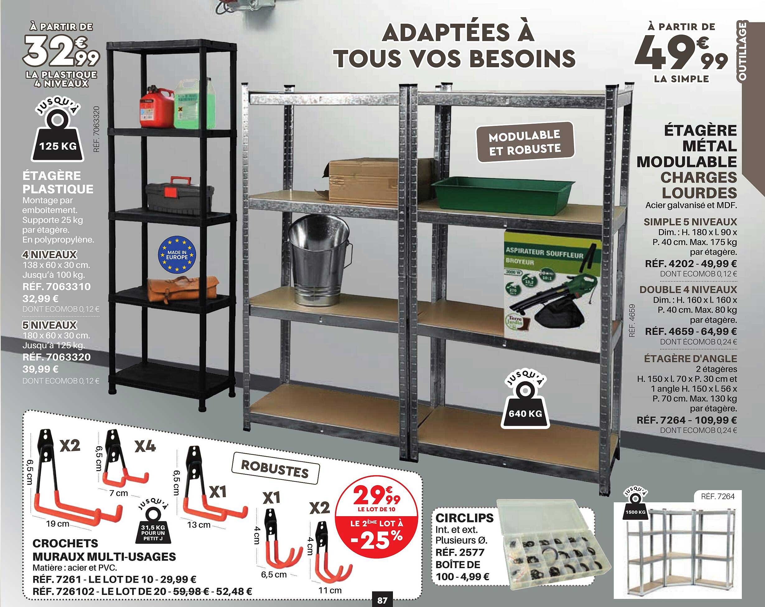 étagère plastique, crochets muraux multi-usages, circlips, étagère métal modulable charges lourdes