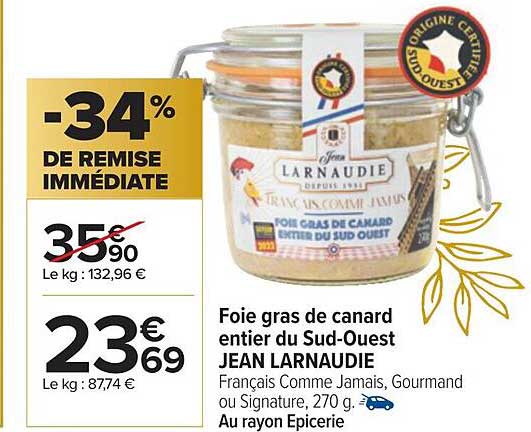 Foie Gras De Canard Entier Du Sud-ouest Jean Larnaudie
