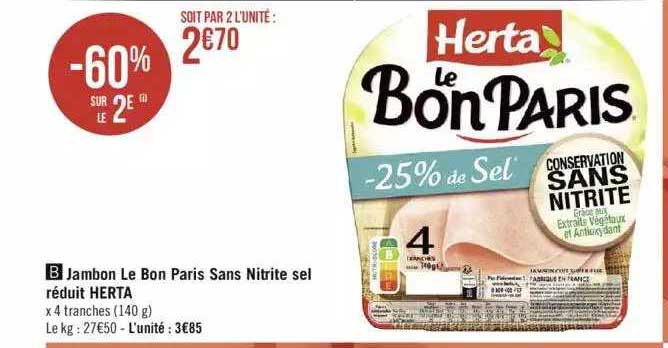jambon le bon paris sans nitrite sel réduit herta