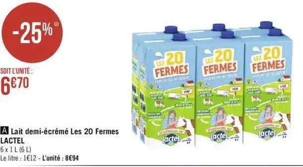 lait demi-écrémé les 20 fermes lactel