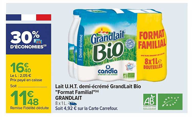 lait u.h.t. demi-écrémé grand lait bio "format familial" grand lait