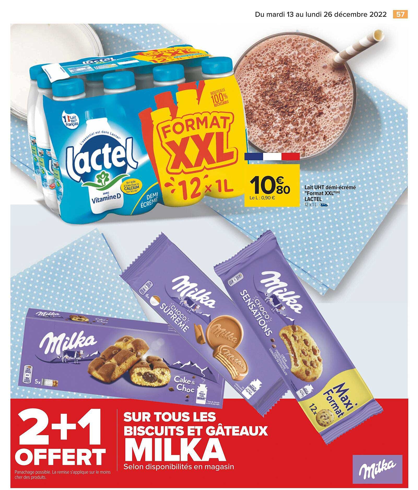 lait uht demi-écrémé "format xxl" lactel, les biscuits et gâteaux milka