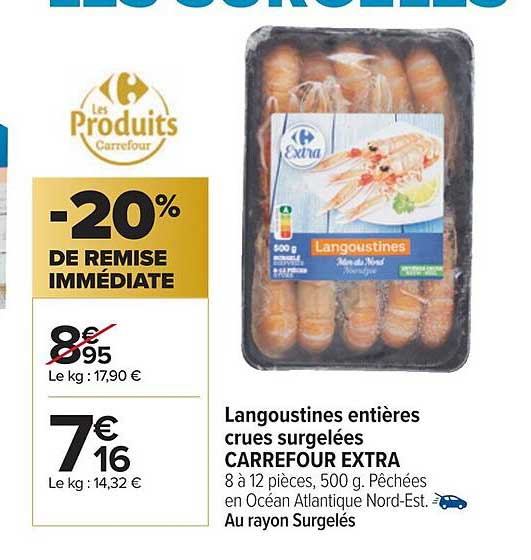 Langoustines Entières Crues Surgelées Carrefour Extra