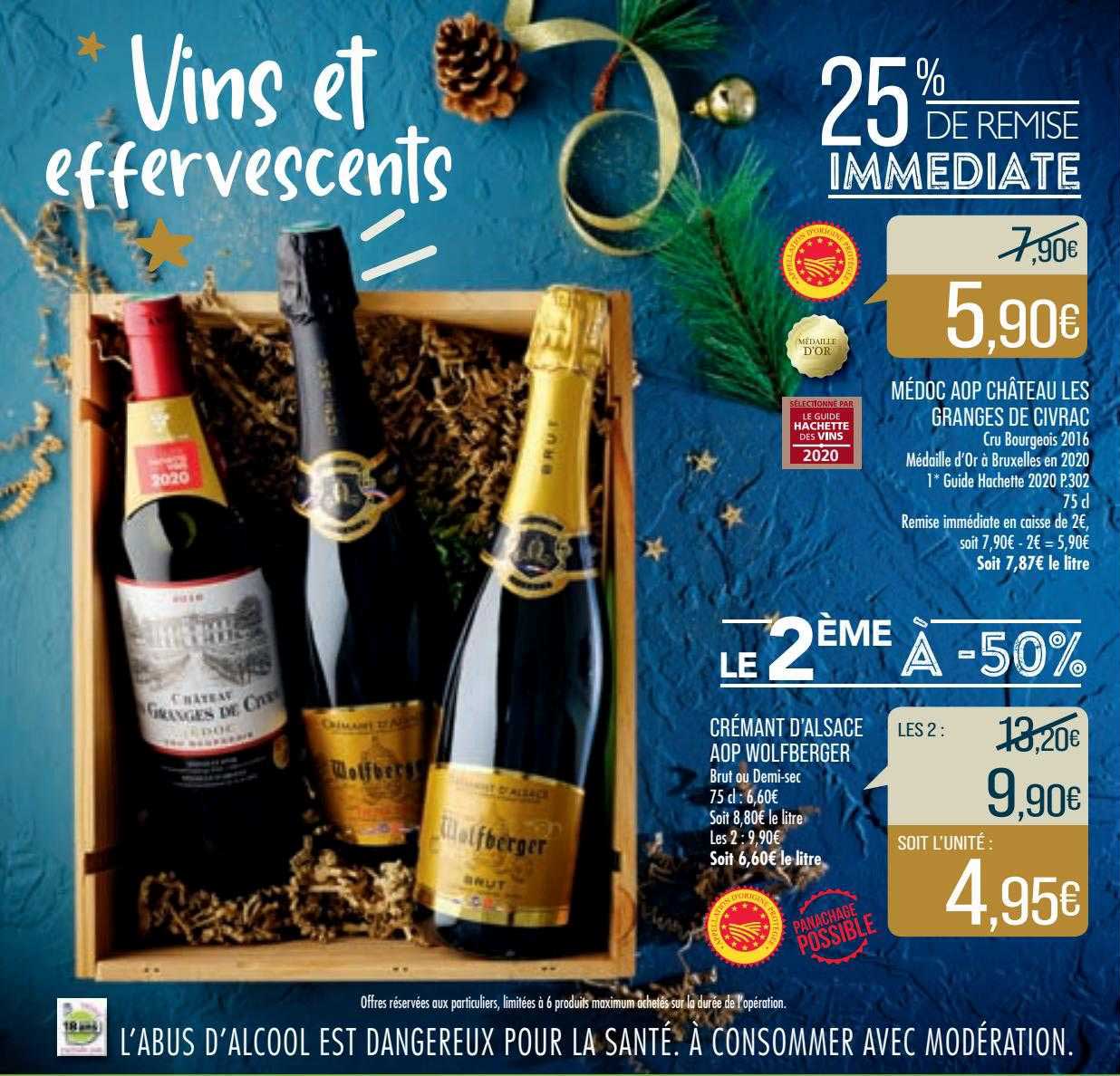 médoc aop château les granges de civrac, crémant d'alsace aop wolfberger