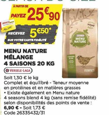 menu nature mélange 4 saisons 20 kg versele-laga
