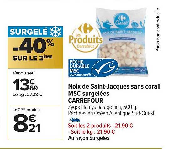 noix de saint-jacques sans corail msc surgelées carrefour