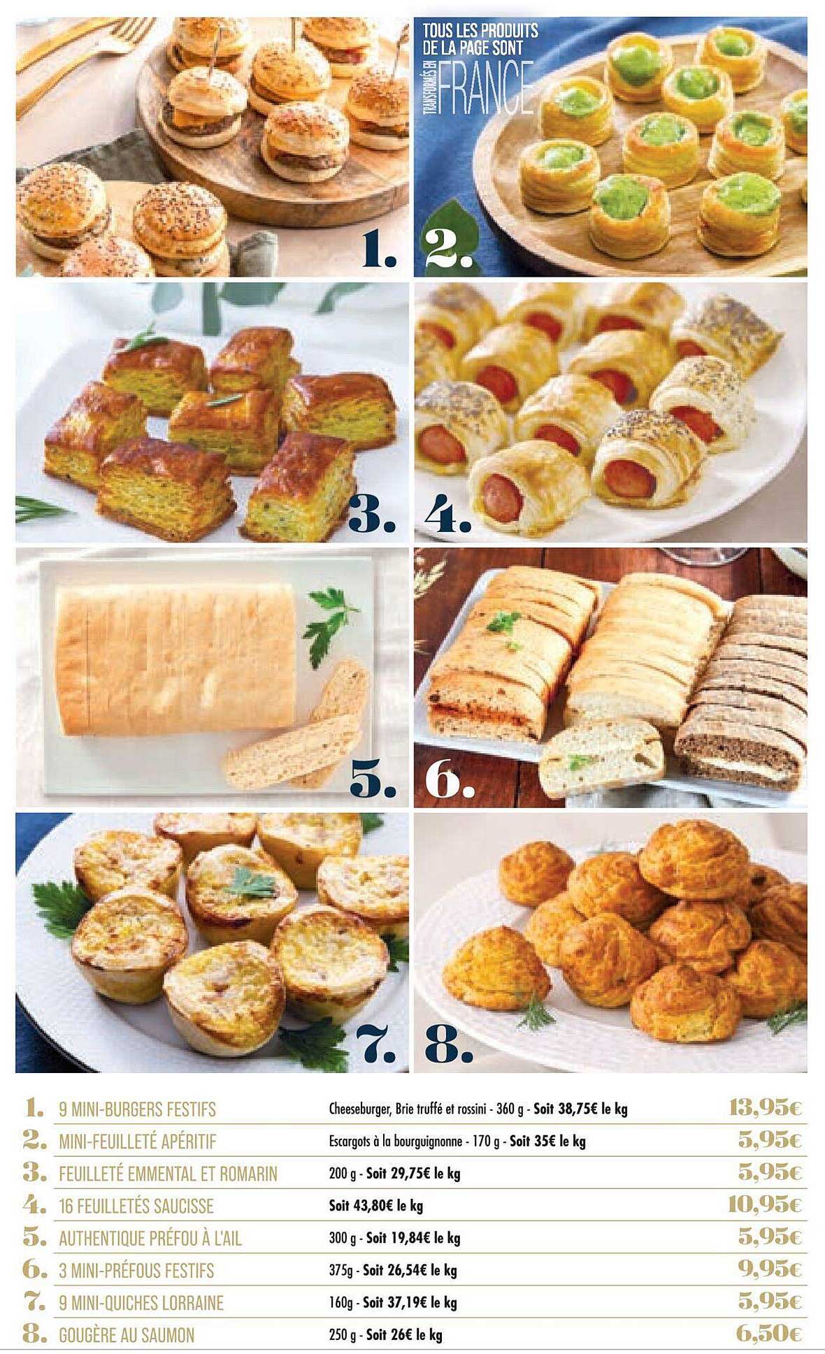 8 mini-burgers festifs, mini-feuilleté apéritif, feuilleté emmental et romarin, 16 feuilletés saucisse, authentique préfou à l'ail, 3 mini-préfous festifs, 9 mini-quiches lorraine, gougère au saumon